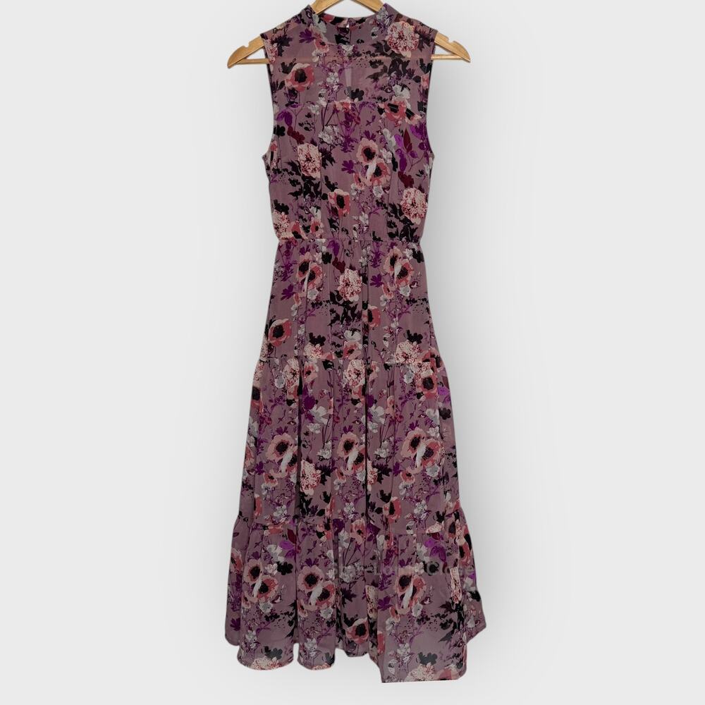 Lulus In My Dreams Mauve Floral Midi Dress XS Tiered Mock Neck Flowy Cottagecore